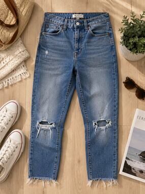 Madewell High Rise Slim Boyjean Jeans Women's 27 Blue Distressed Raw Hem Ripped